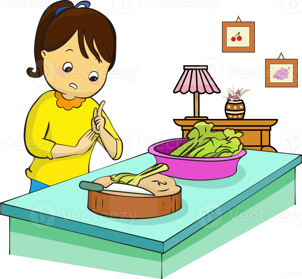 Cute girl cooking was cut knife and first aid for bleeding isolated  illustration png