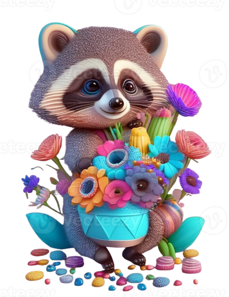 Spring Floral Sneaky Raccoon AI Generated png