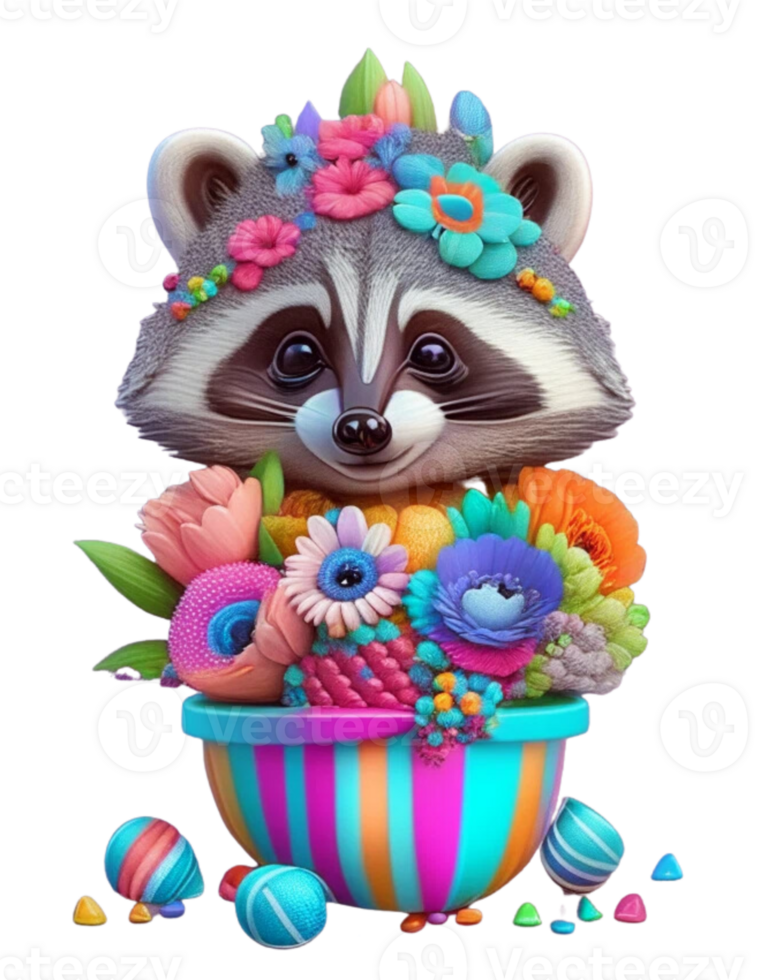 Spring Floral Sneaky Raccoon AI Generated png