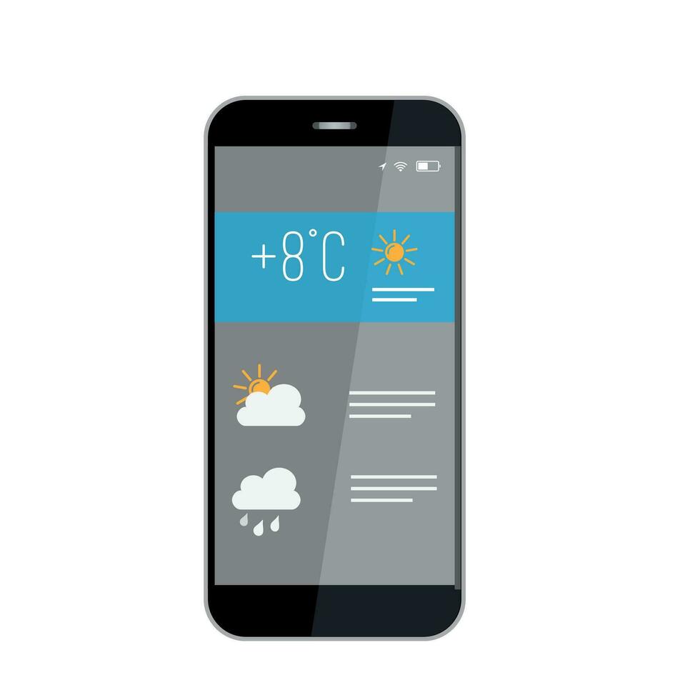 pronóstico del tiempo plantilla de vector de interfaz de teléfono inteligente. diseño de la página de la aplicación móvil. datos por hora. Pantalla de condiciones de humedad, temperatura y viento. interfaz de usuario plana para la aplicación. pantalla del teléfono