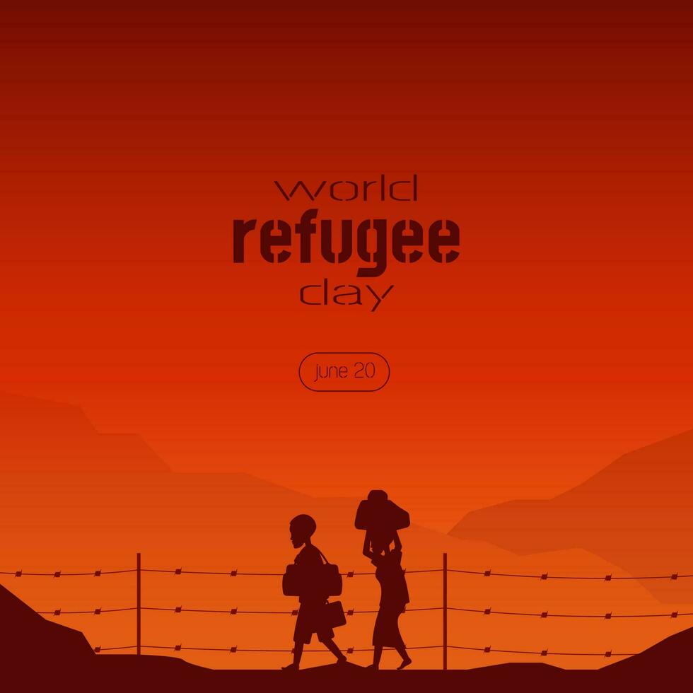 World Refugee Day template with people walking in desert at sunset vector