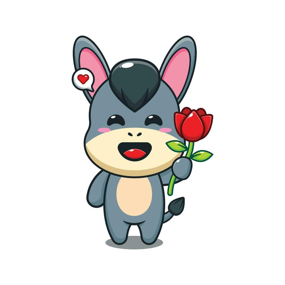 donkey holding rose flower cartoon vector illustration.