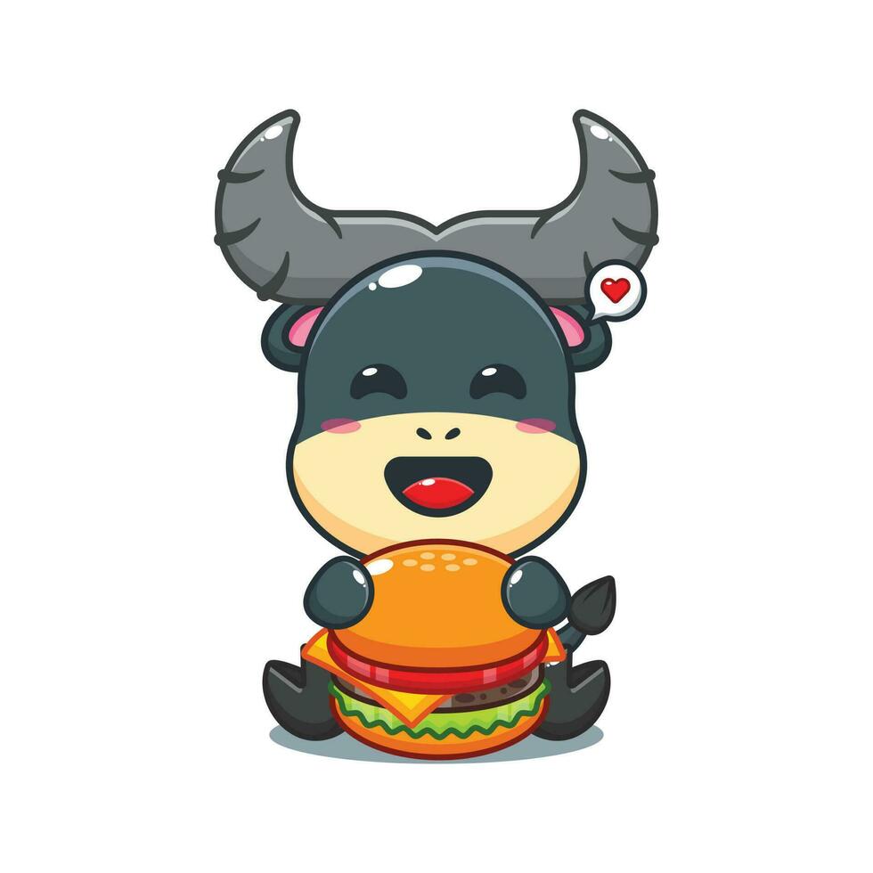 buffalo with burger cartoon vector illustration.