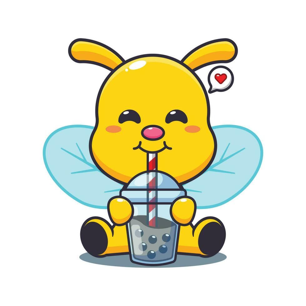 bee drink boba milk tea cartoon vector illustration.