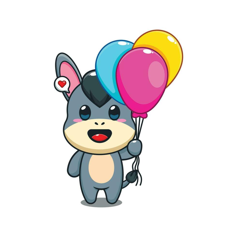 donkey with balloon cartoon vector illustration.