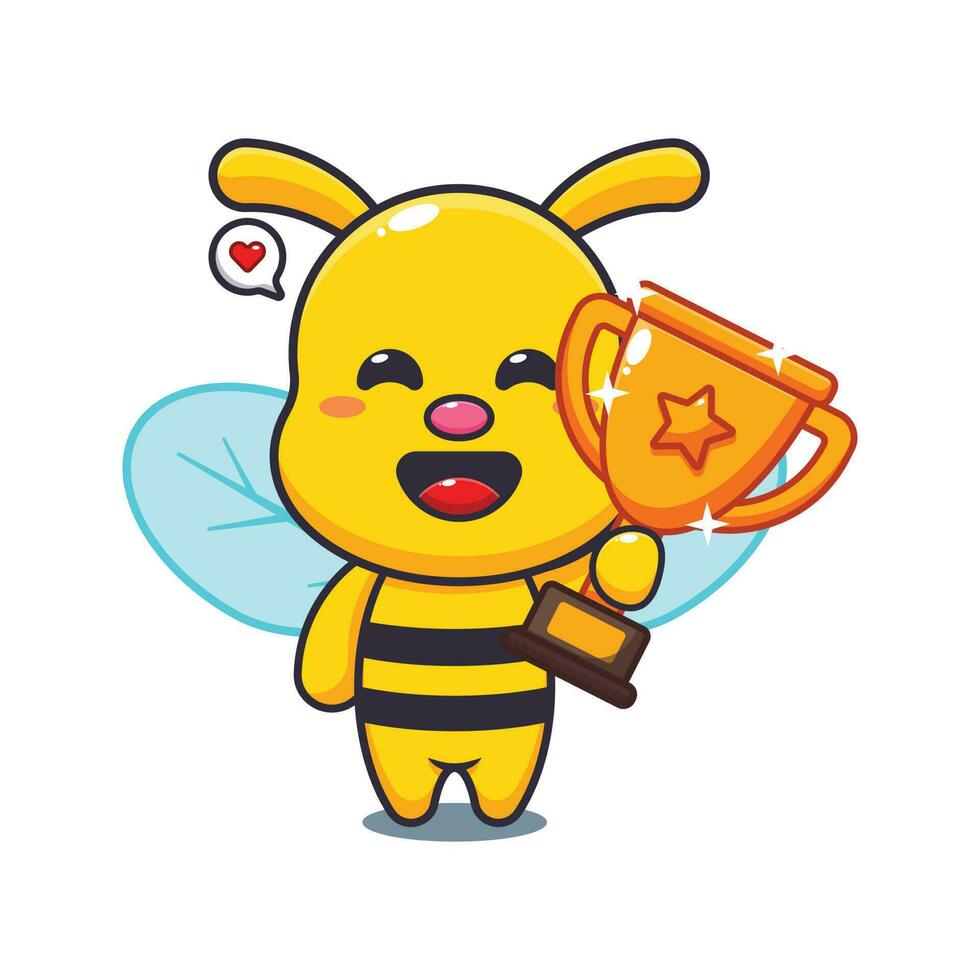 bee holding gold trophy cup cartoon vector illustration.