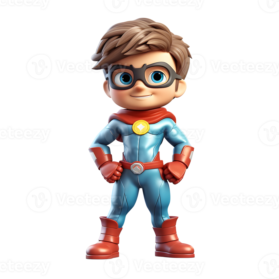 3d render pequeno Garoto dentro Super heroi fantasia, mascote. ai gerado png