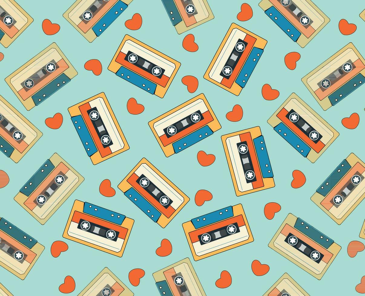 Seamless vector pattern with 90s audio cassettes. Retro audio cassette and hearts. Hand drawn vector cartoon in simple style. Green background.