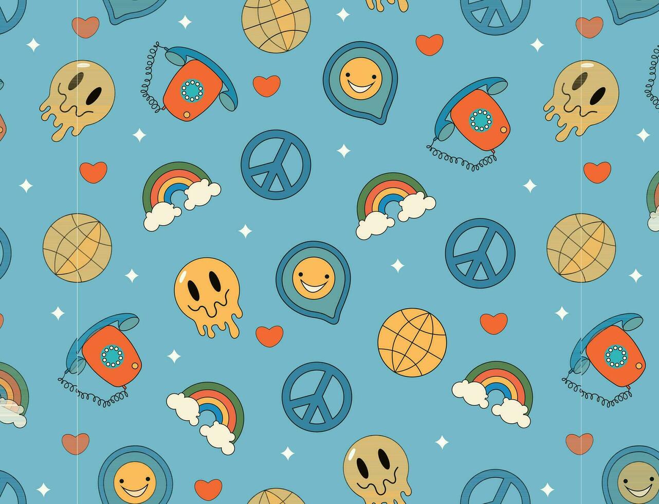 Groovy hippie 1970s background. Funny cartoon emoticon, rainbow, world, phone, heart, etc. Seamless pattern in trendy trippy retro cartoon style.Blue background. vector