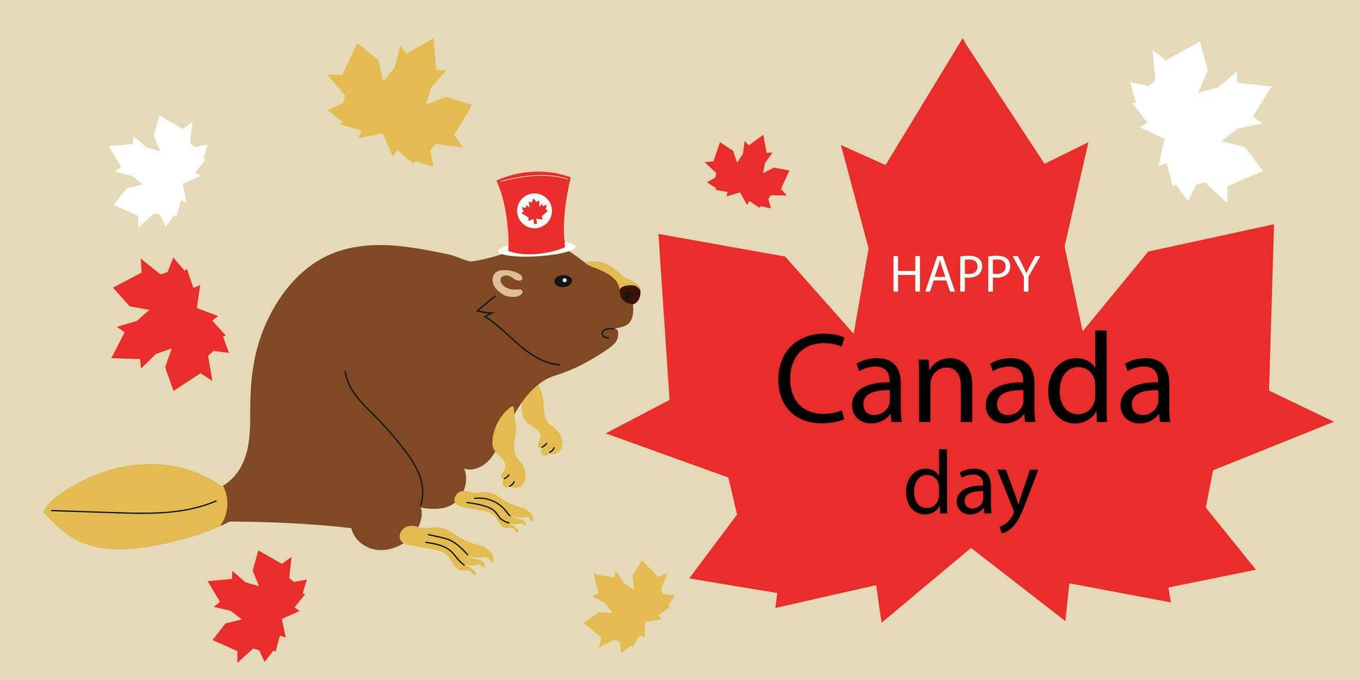 Happy Canada Day background. Red maple leaf and a beaver in a hat. Vector illustration. Celebrating Canada Day on July 1st. Banner, poster, postcard.
