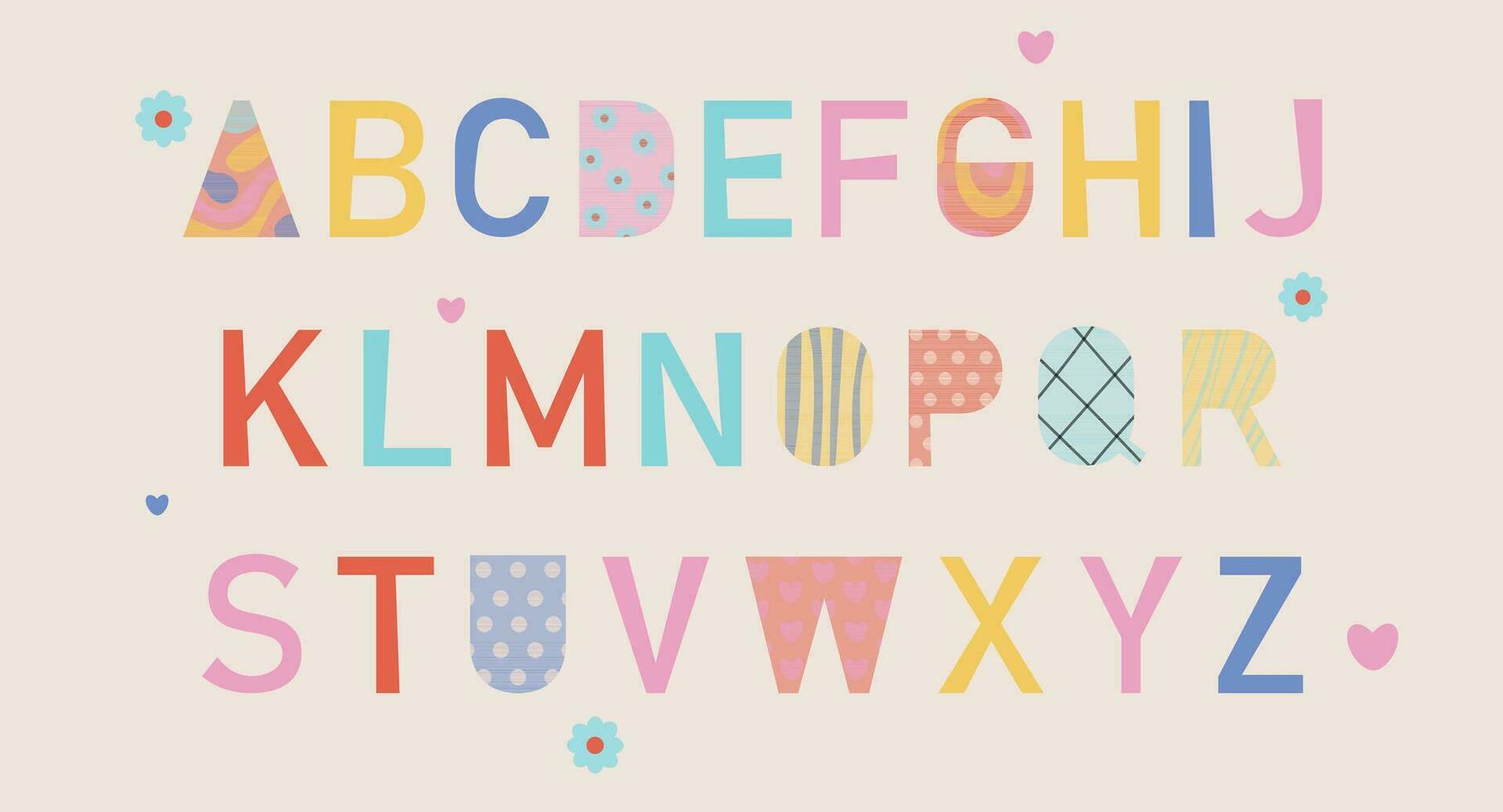 Hand drawn summer creative alphabet. Set of trendy hand drawn vector stylized letters for books, prints, wrapping paper and banner design. Bold capital letter illustrated alphabet.