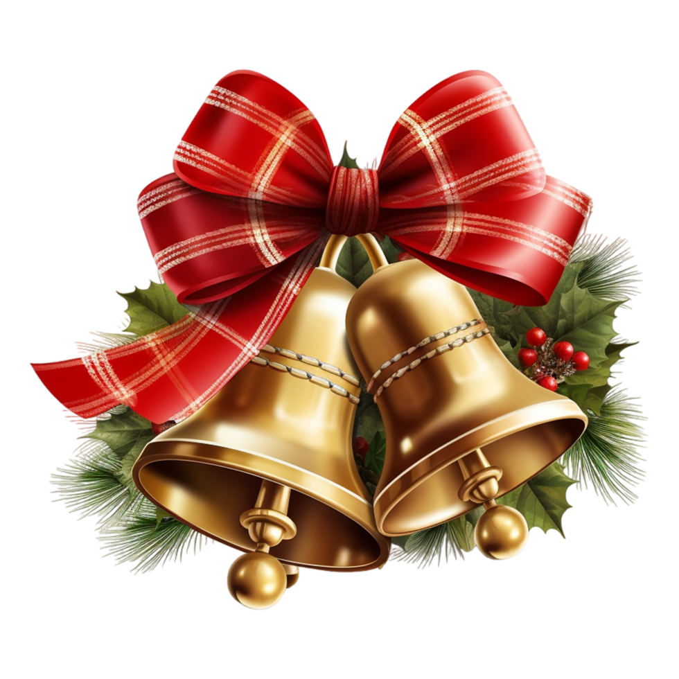 Christmas Holly And Ribbon Decorated Golden Textured Bells. png