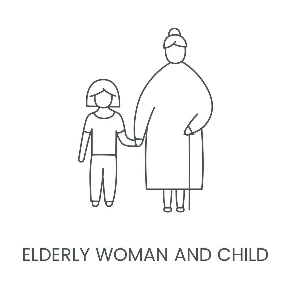 An elderly woman holds a child's hand, a linear vector icon.