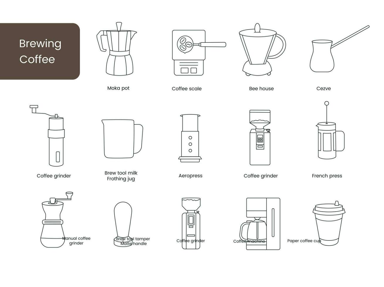 Coffee making equipment, linray vector icons.