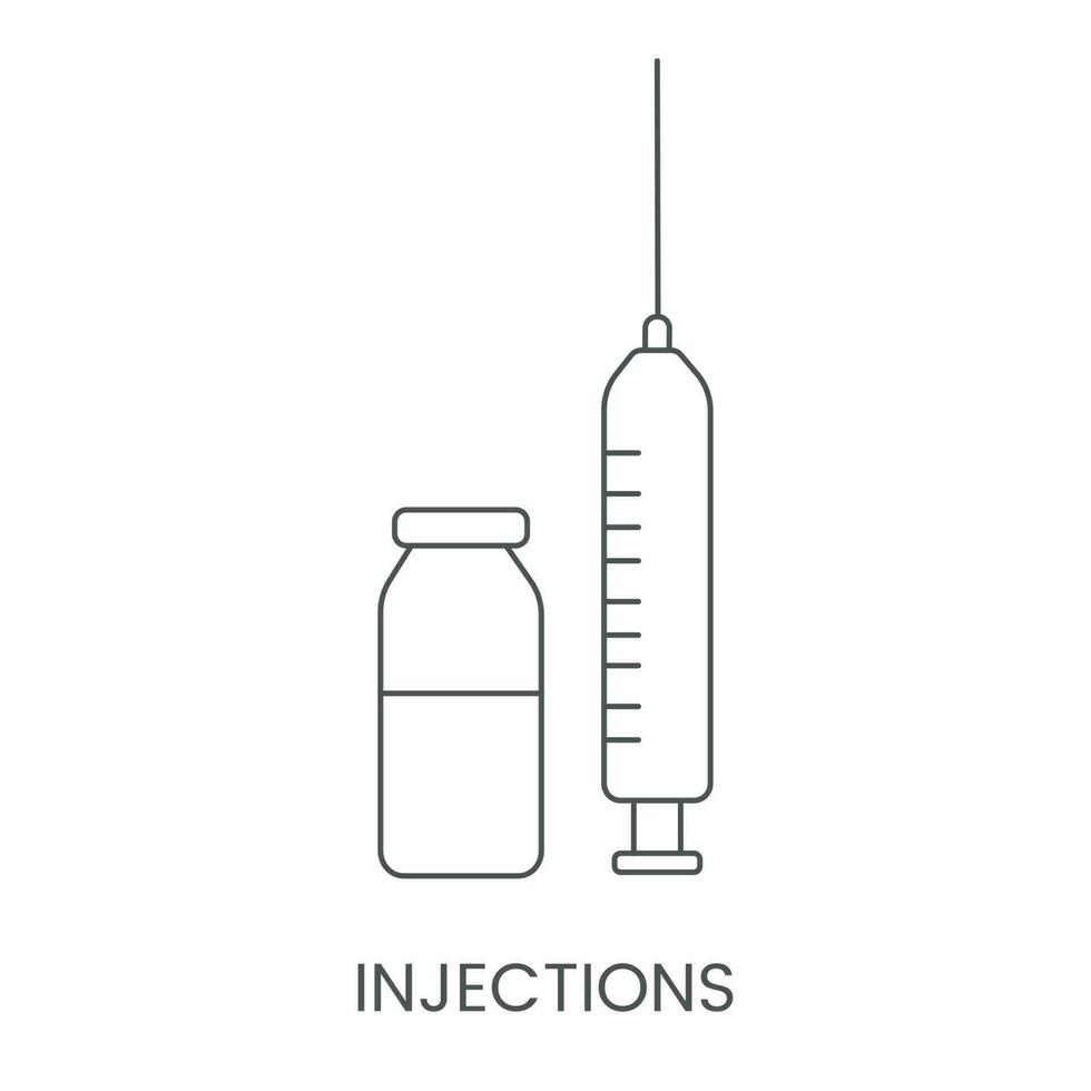 Injection icon with syringe and ampoule, linear vector illustration.