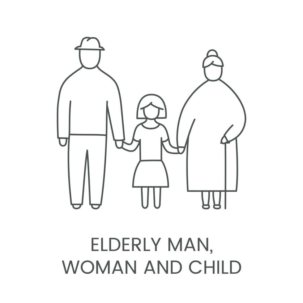 An elderly man, woman and child hold hands, vector linear icon.