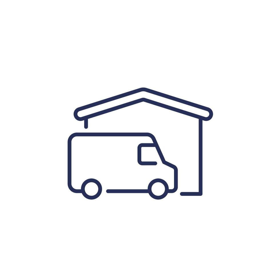 Home delivery line icon with van and house vector