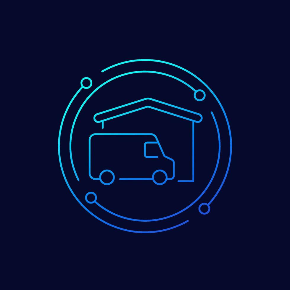 hogar entrega icono con camioneta y casa, lineal diseño vector