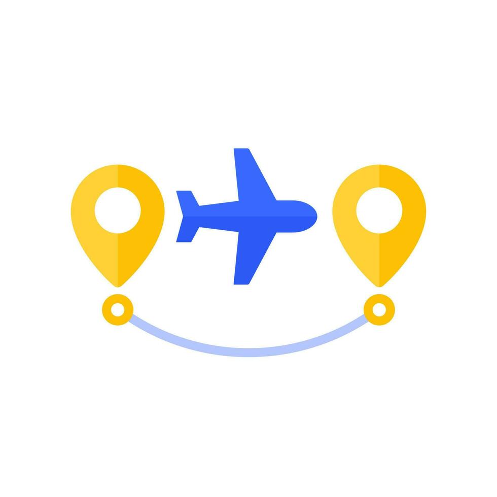 Flight route icon with an airplane, flat vector