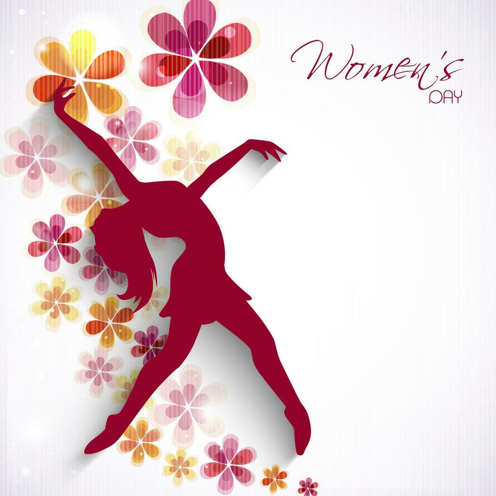 Happy Womens Day greeting card or poster design with purple silhouette of girl in dancing pose on floral decorated grey background. vector