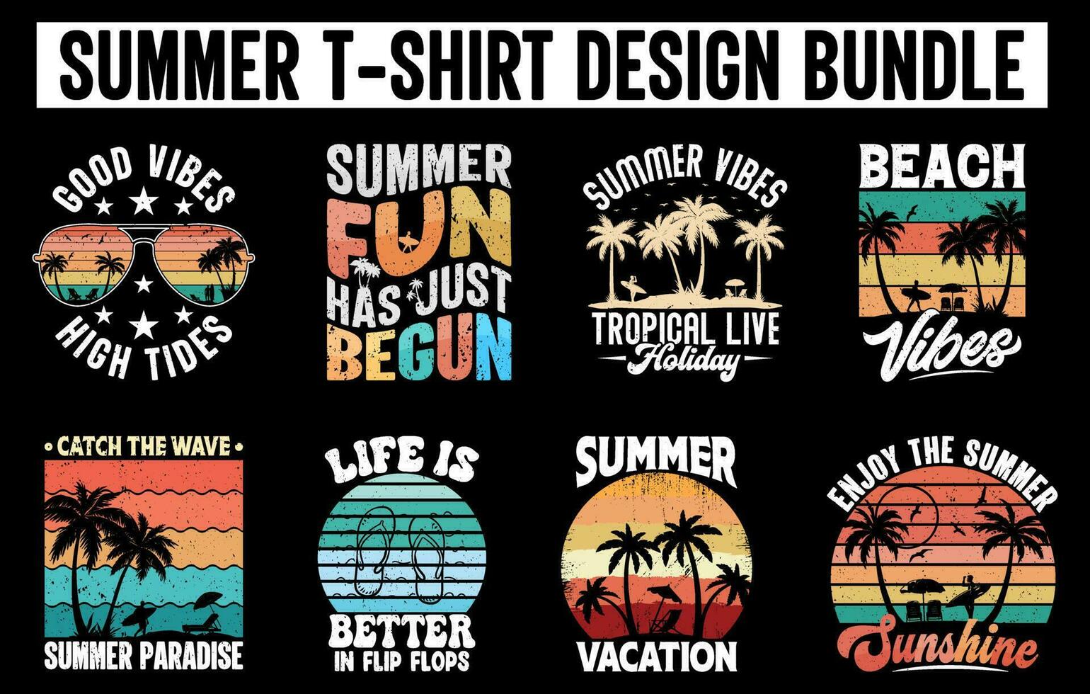 Summer vintage t shirt design bundle, Summer Tee design vector set, Summer Beach Vacation T Shirts set, Summer Surfing T Shirt collection