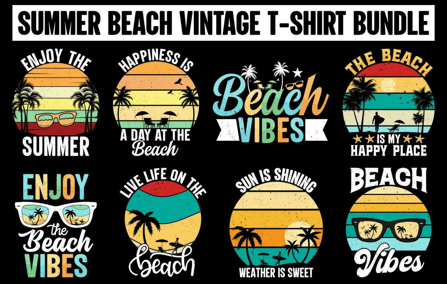 Summer vintage t-shirt design bundle, surfing t-shirt design set, summer beach vector bundle