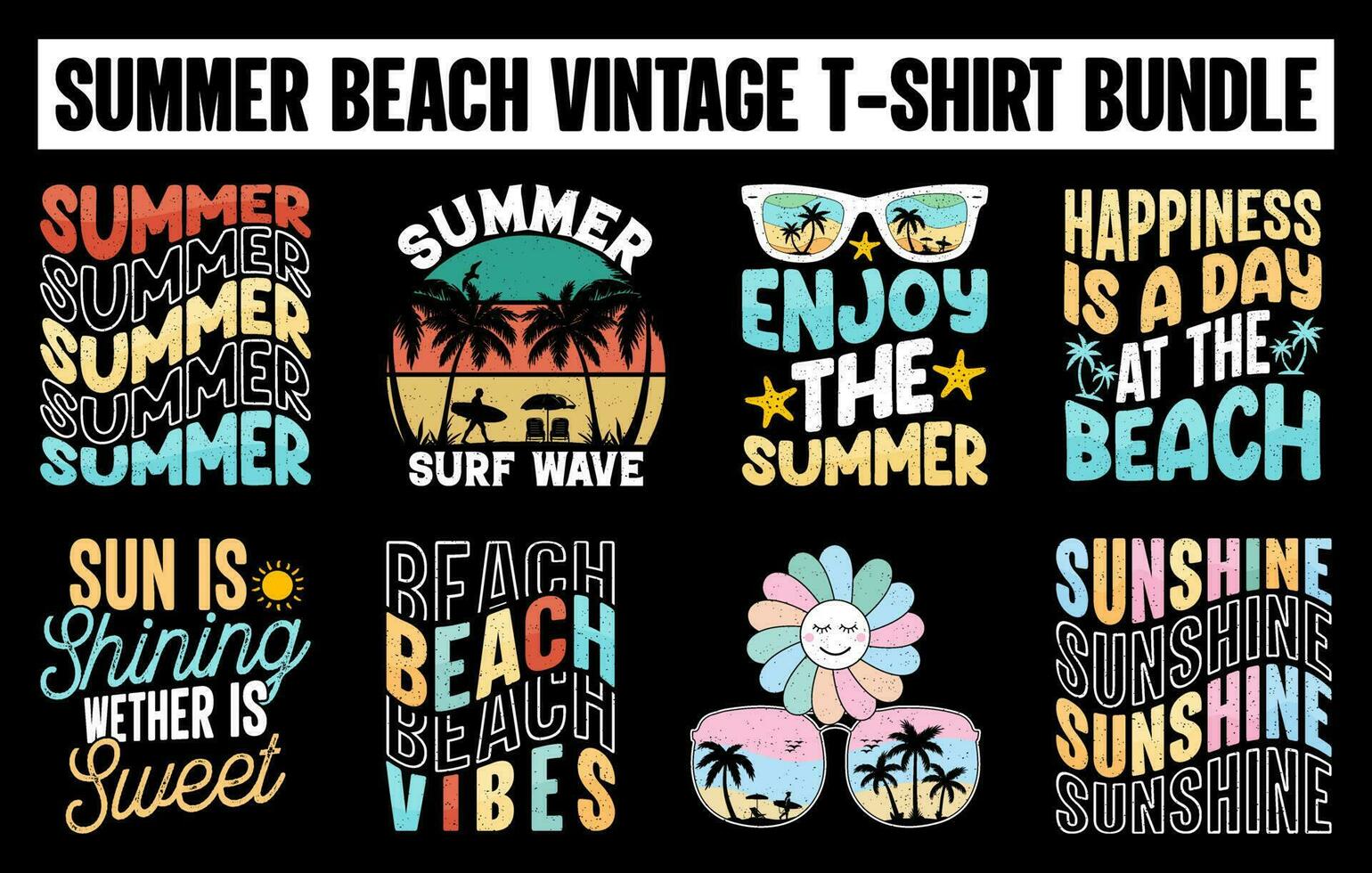 Summer vintage t-shirt design bundle, surfing t-shirt design set, summer beach vector bundle