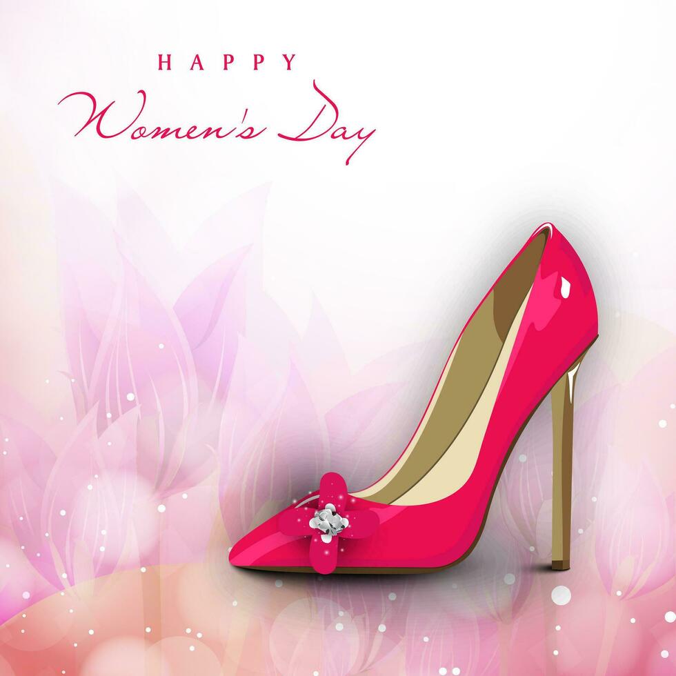 International Women's Day celebration with glossy ladies shoe and cosmetic products on pink background. vector