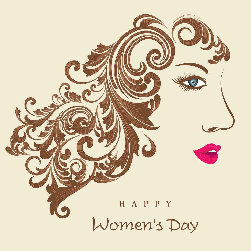 Happy Women's Day celebrations concept with illustration of a beautiful long hairs girl on grey background. vector