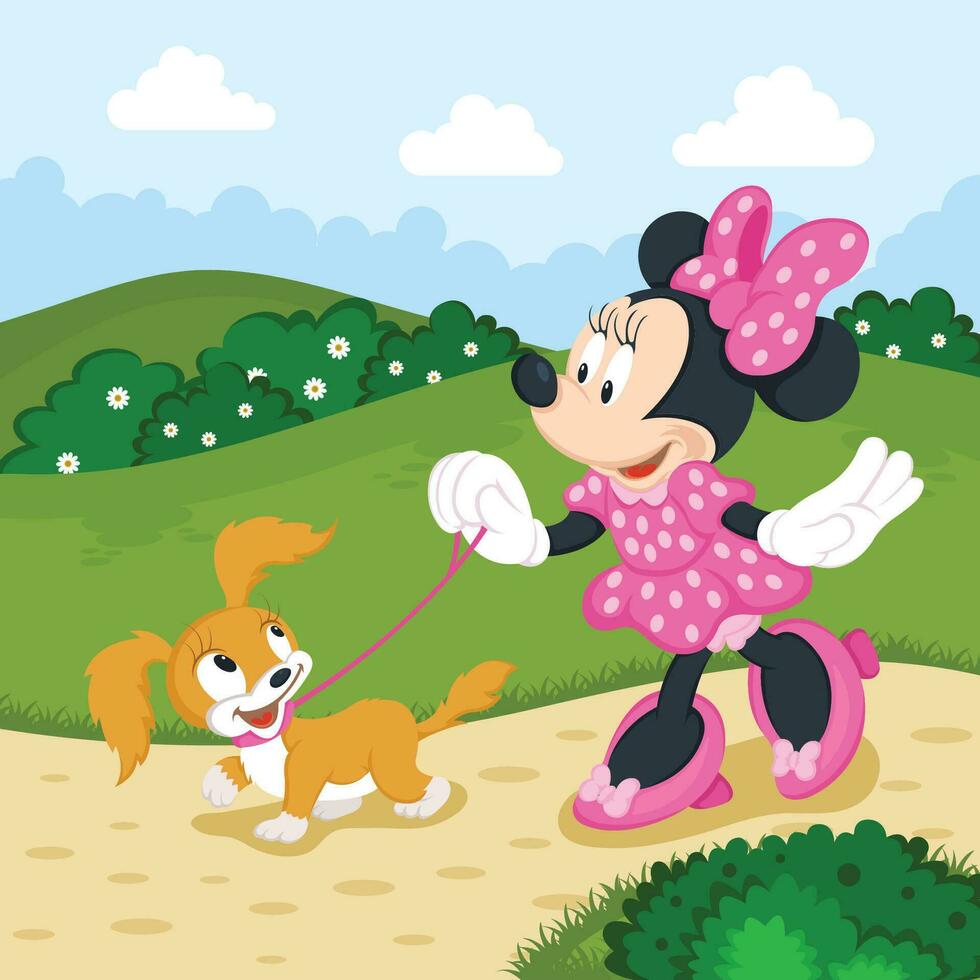 Female Mouse Character Walking with Her Dog in the Park vector