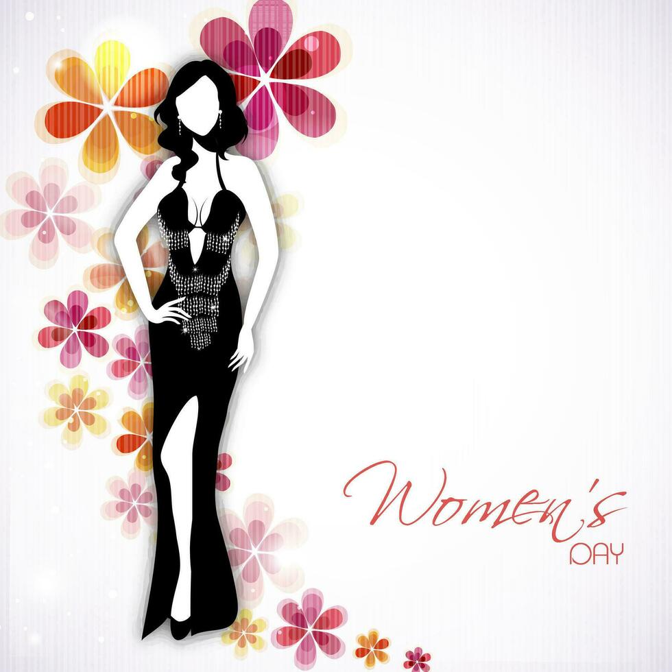 Happy Women's Day greeting card or background with silhouette of a happy women on floral decorative background. vector