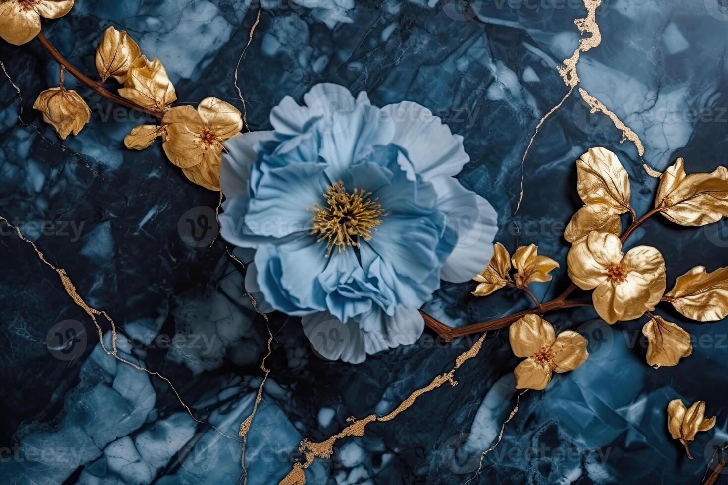 The marble texture in blue and gold colors with golden flowers. Luxurious design. photo