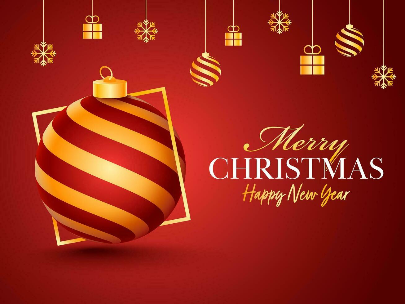 Merry Christmas greeting design decorated with gifts and baubles on red background. vector