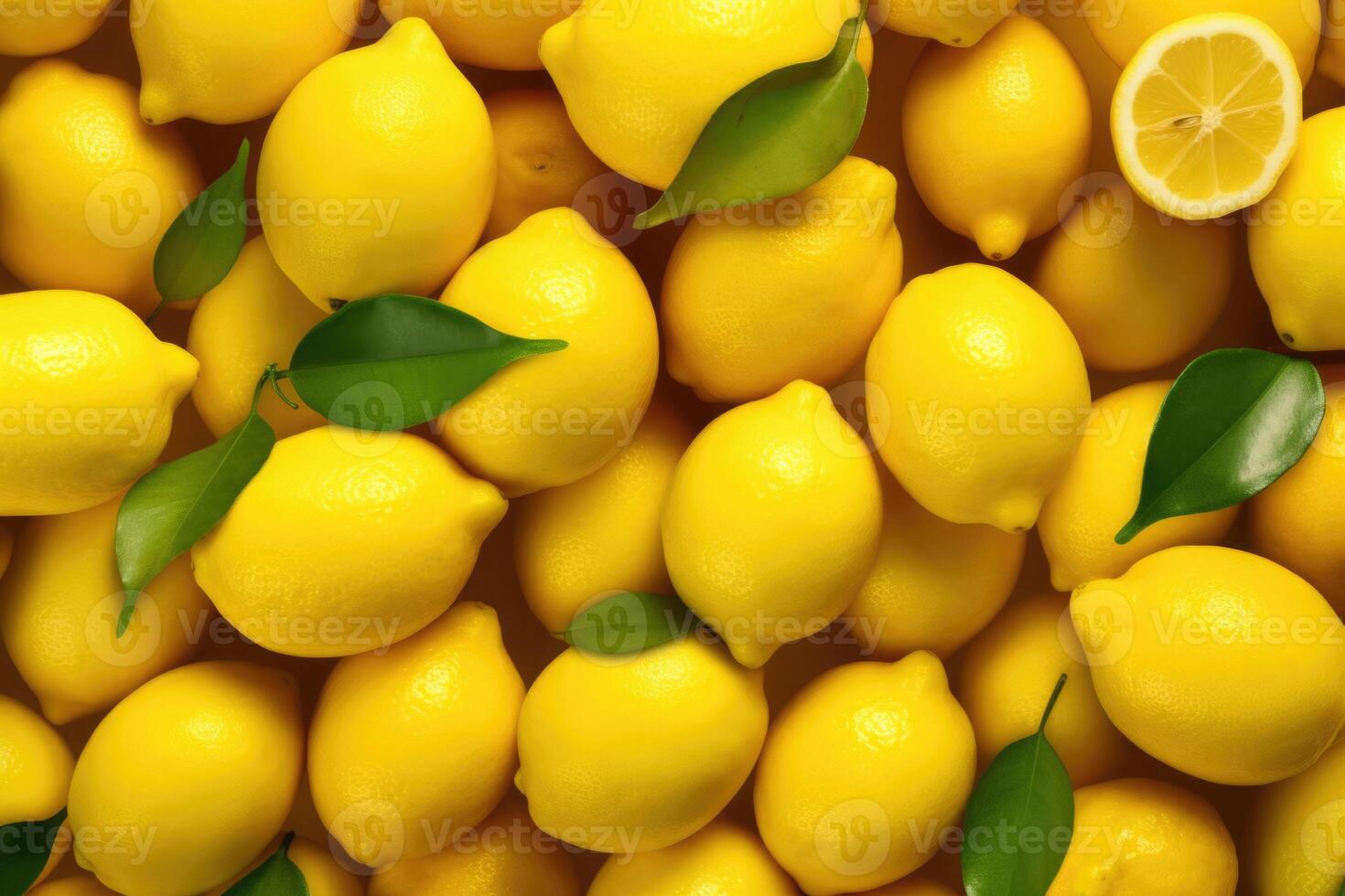 Yellow lemons close up background. photo