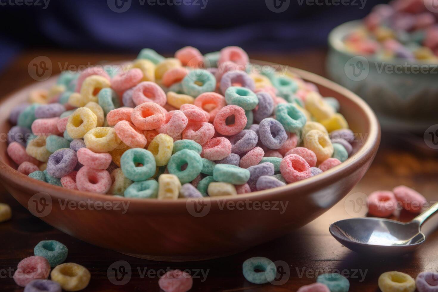 Pastel colored froot loops with small spoon. Delicious fruit cereal rings. photo