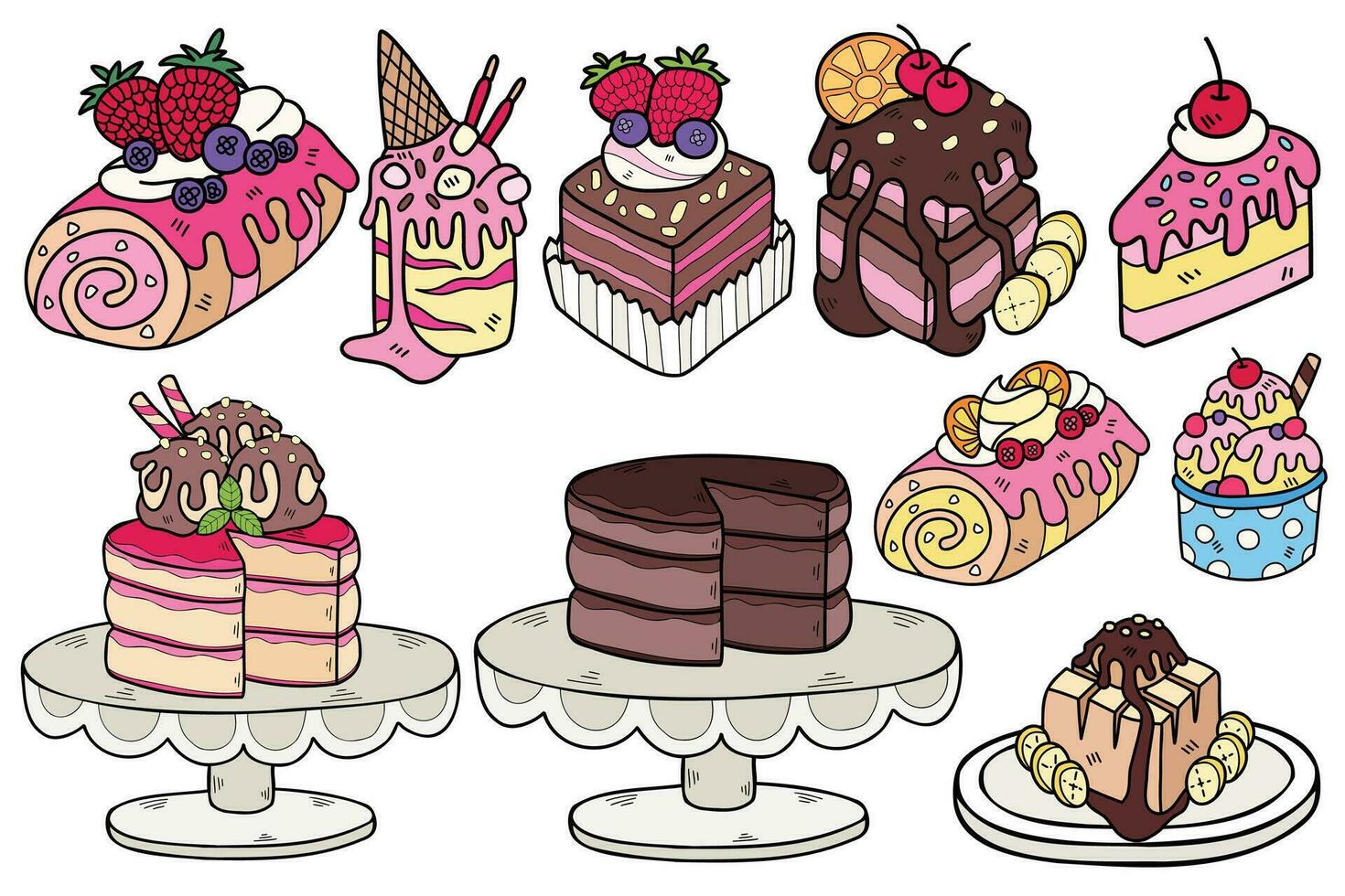 mano dibujado dulces y postres colección en plano estilo ilustración para negocio ideas vector