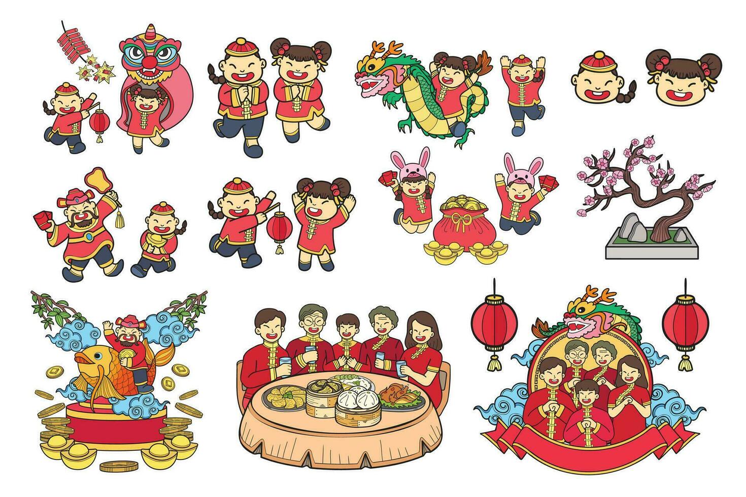 Hand Drawn Chinese children and family collection in flat style illustration for business ideas vector