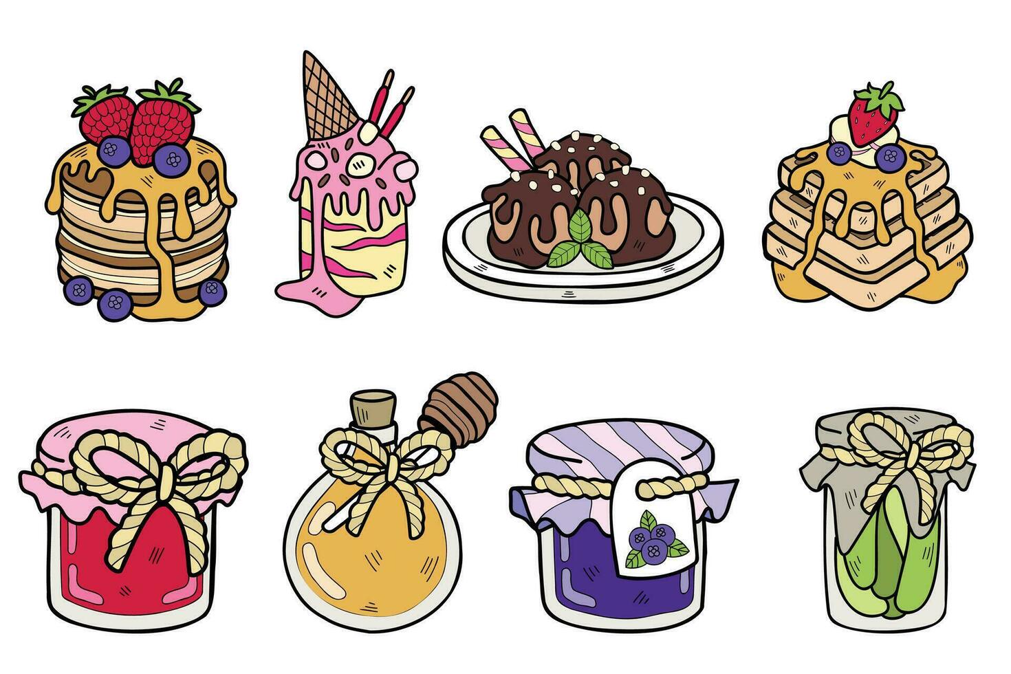 mano dibujado dulces y postres colección en plano estilo ilustración para negocio ideas vector