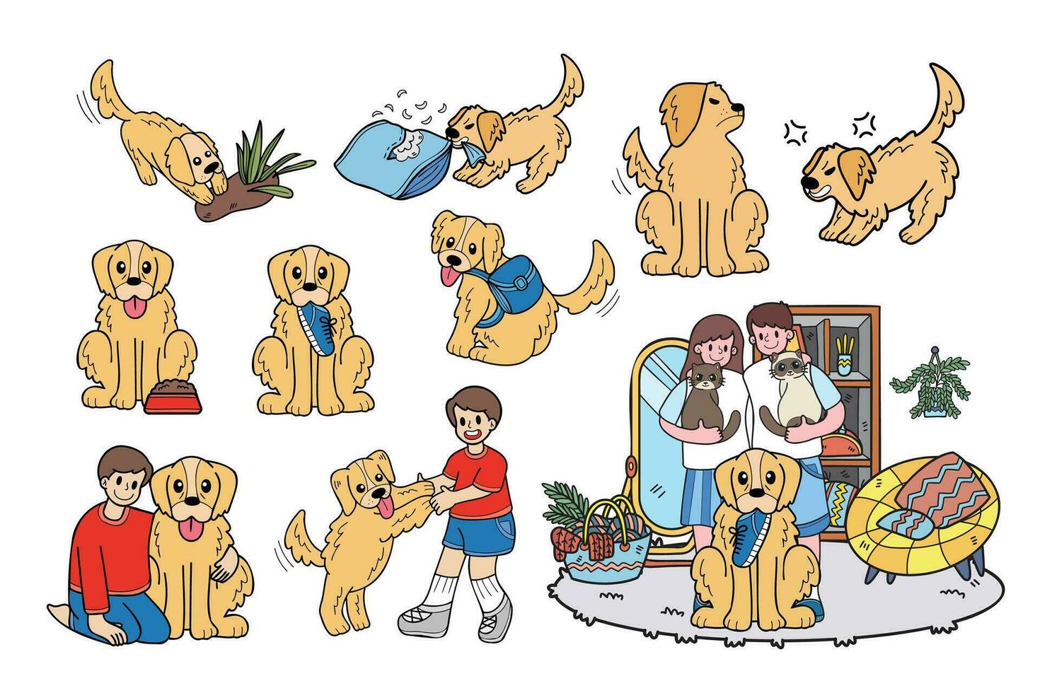Hand Drawn golden retriever dog and family collection in flat style illustration for business ideas vector