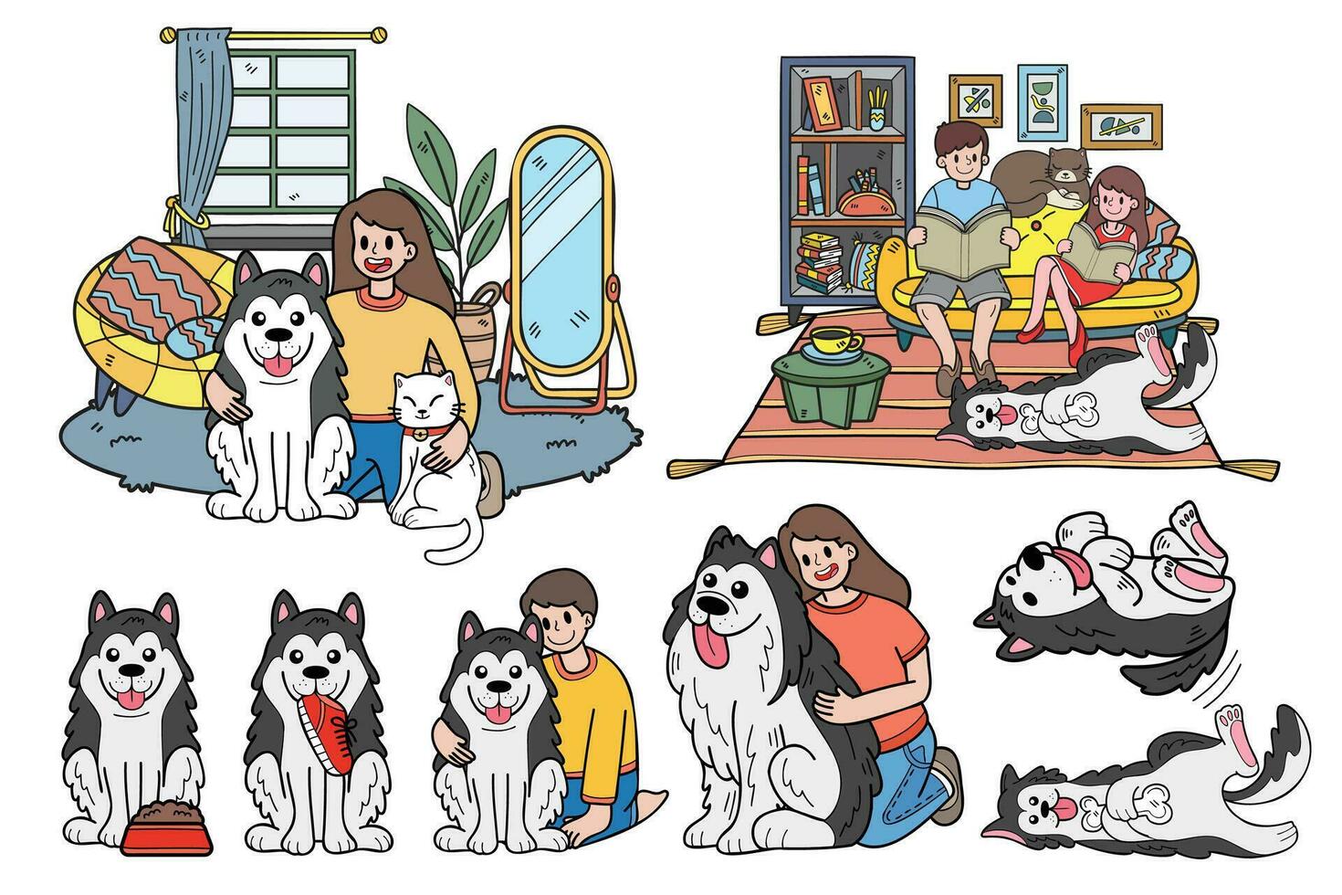 mano dibujado perro y familia colección en plano estilo ilustración para negocio ideas vector