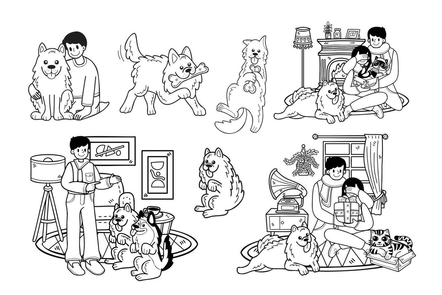 mano dibujado Samoyedo perro y familia colección en plano estilo ilustración para negocio ideas vector