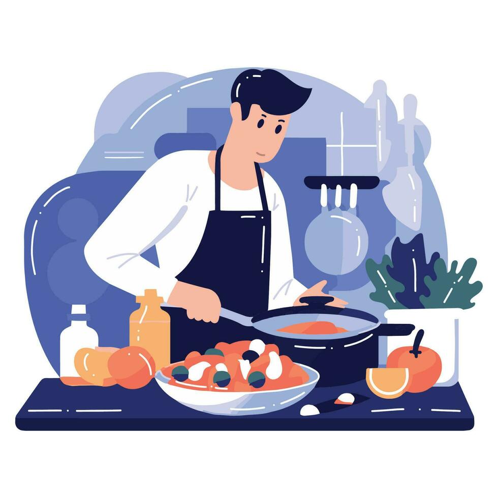 Hand Drawn chef cooking in the kitchen flat style illustration for business ideas vector