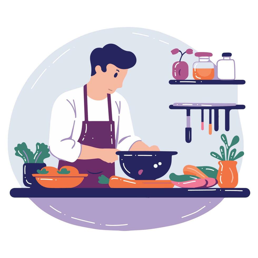 Hand Drawn chef cooking in the kitchen flat style illustration for business ideas vector