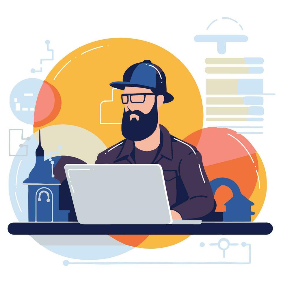 Hand Drawn Freelance man working in the office style illustration for business ideas vector