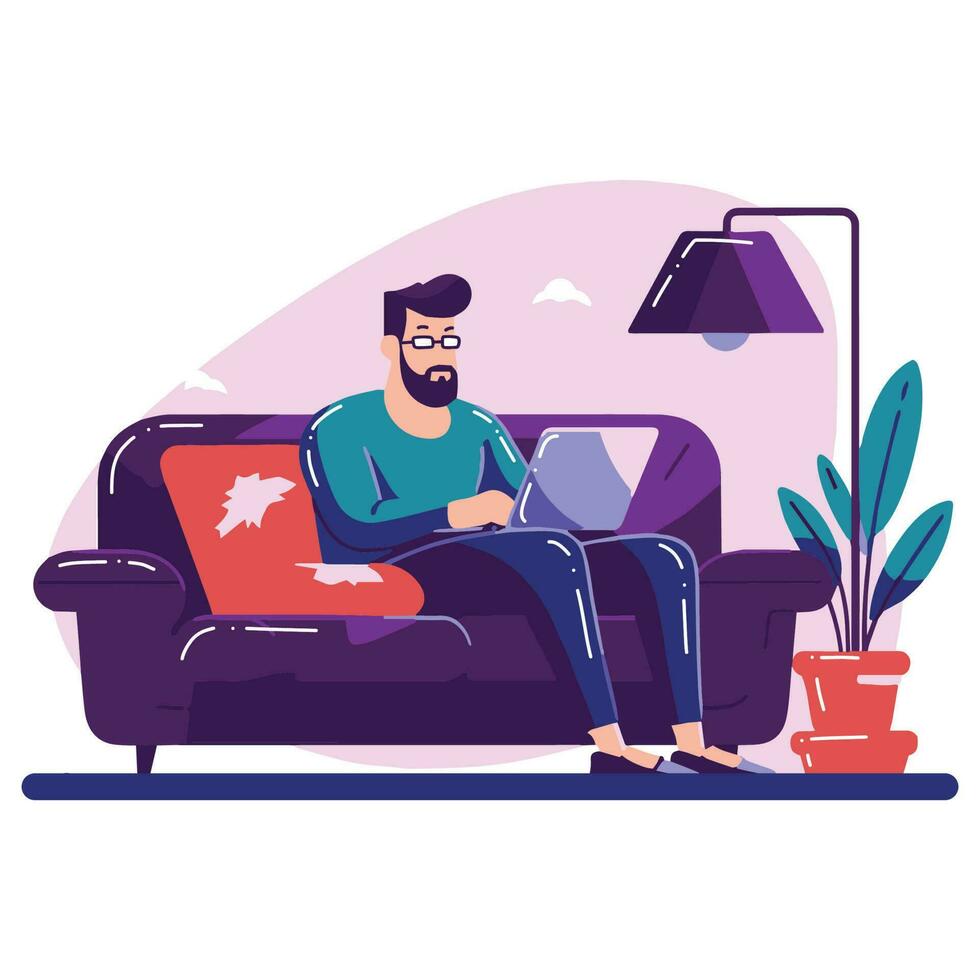 Hand Drawn Freelance man working in the office style illustration for business ideas vector