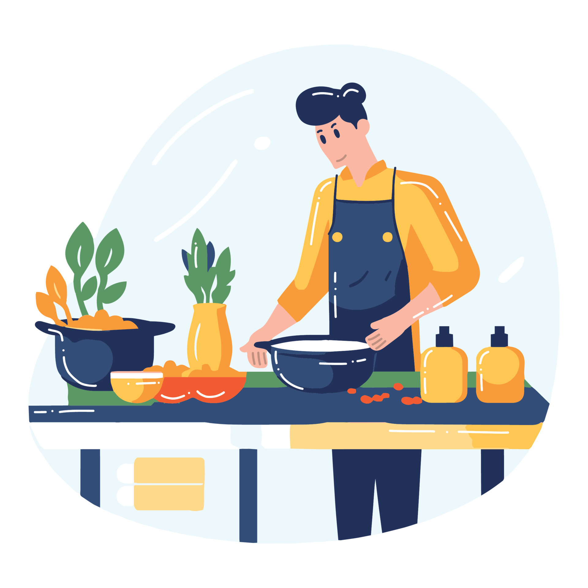 Hand Drawn chef cooking in the kitchen flat style illustration for