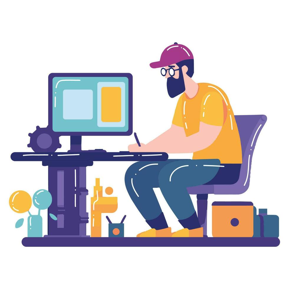 Hand Drawn Freelance man working in the office style illustration for business ideas vector