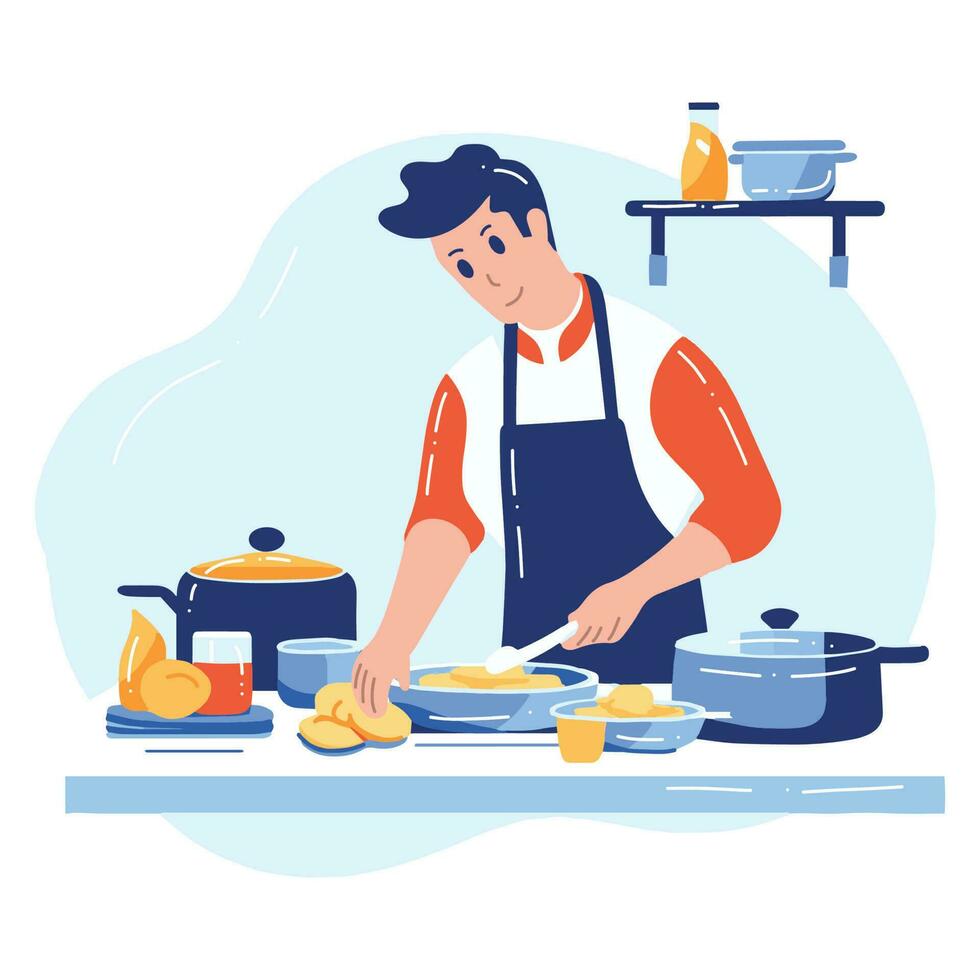 mano dibujado cocinero Cocinando en el cocina plano estilo ilustración para negocio ideas vector