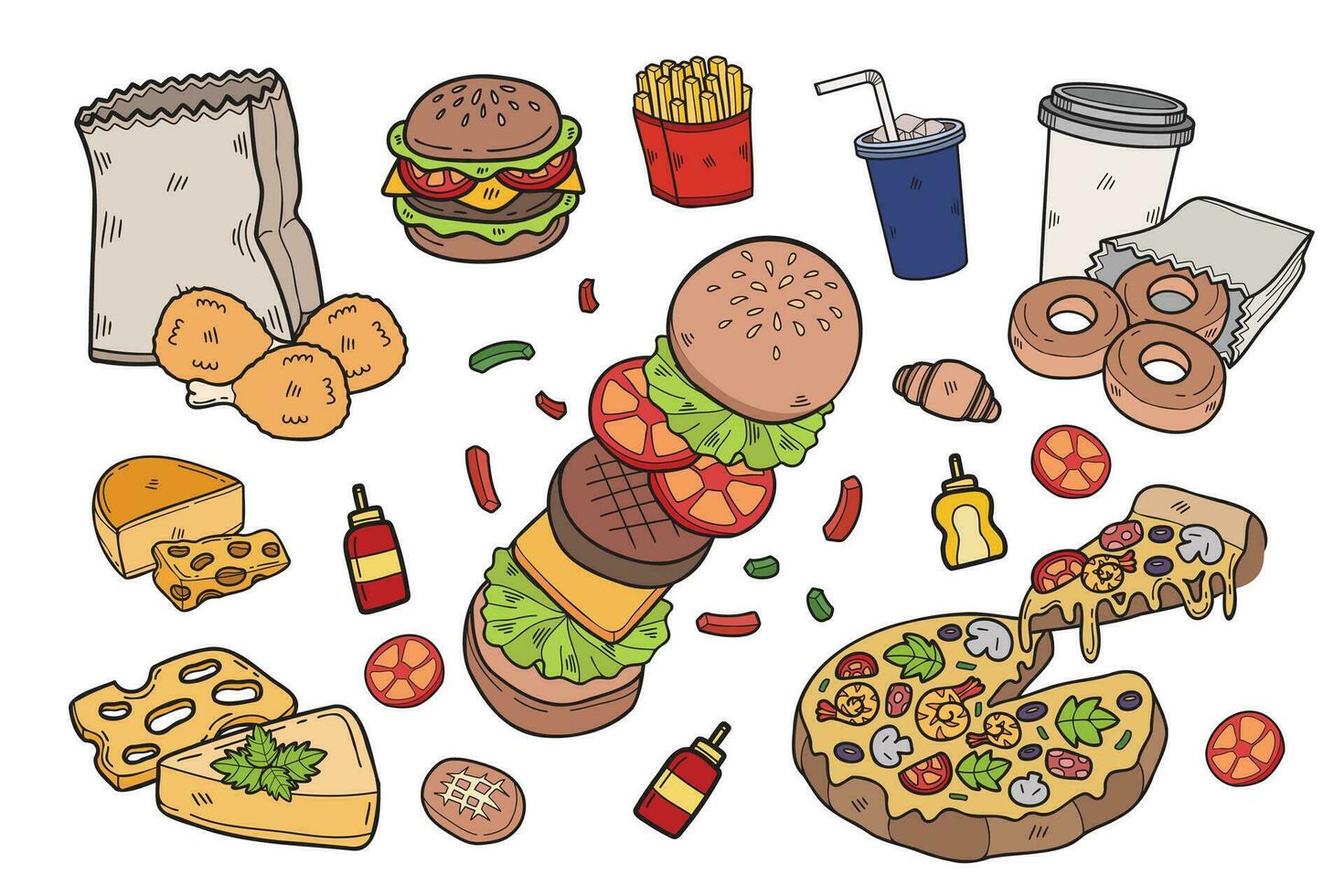 Hand Drawn fast food collection in flat style illustration for business ideas vector