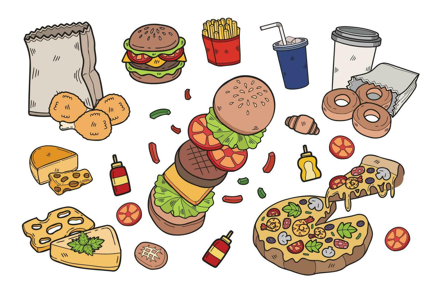 mano dibujado rápido comida colección en plano estilo ilustración para negocio ideas vector